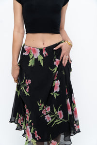 Vintage x Black, Pink Floral Flowy Midi Skirt (XS-M)