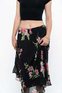 Vintage x Black, Pink Floral Flowy Midi Skirt (XS-M)