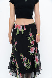 Vintage x Black, Pink Floral Flowy Midi Skirt (XS-M)