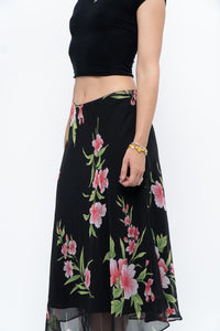 Vintage x Black, Pink Floral Flowy Midi Skirt (XS-M)