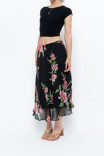 Load image into Gallery viewer, Vintage x Black, Pink Floral Flowy Midi Skirt (XS-M)