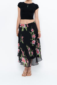 Vintage x Black, Pink Floral Flowy Midi Skirt (XS-M)