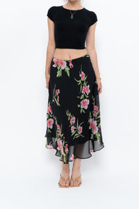 Vintage x Black, Pink Floral Flowy Midi Skirt (XS-M)