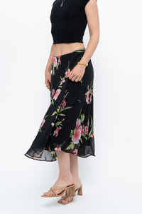 Vintage x Black, Pink Floral Flowy Midi Skirt (XS-M)