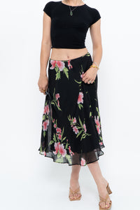 Vintage x Black, Pink Floral Flowy Midi Skirt (XS-M)