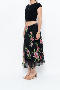 Vintage x Black, Pink Floral Flowy Midi Skirt (XS-M)