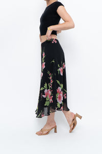 Vintage x Black, Pink Floral Flowy Midi Skirt (XS-M)