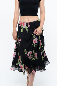 Vintage x Black, Pink Floral Flowy Midi Skirt (XS-M)