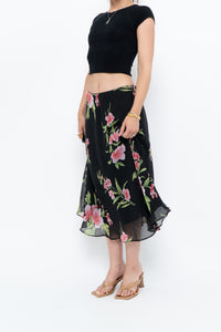 Vintage x Black, Pink Floral Flowy Midi Skirt (XS-M)