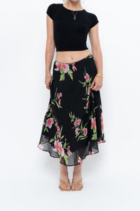 Vintage x Black, Pink Floral Flowy Midi Skirt (XS-M)