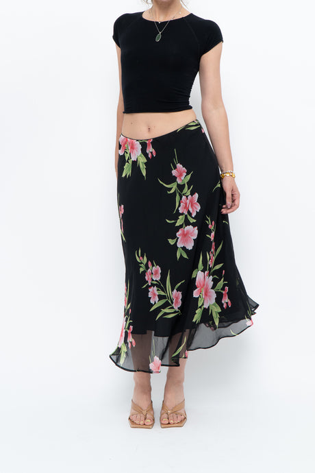 Vintage x Black, Pink Floral Flowy Midi Skirt (XS-M)