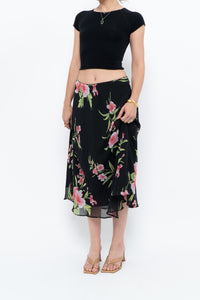 Vintage x Black, Pink Floral Flowy Midi Skirt (XS-M)