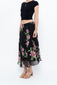 Vintage x Black, Pink Floral Flowy Midi Skirt (XS-M)