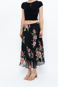 Vintage x Black, Pink Floral Flowy Midi Skirt (XS-M)
