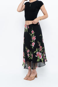 Vintage x Black, Pink Floral Flowy Midi Skirt (XS-M)