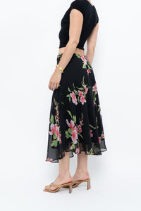Vintage x Black, Pink Floral Flowy Midi Skirt (XS-M)