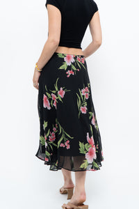 Vintage x Black, Pink Floral Flowy Midi Skirt (XS-M)
