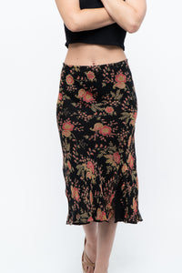 Vintage x Black, Coral Floral Silk Midi Skirt (2X-3X)
