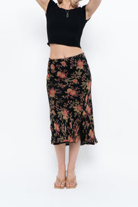 Vintage x Black, Coral Floral Silk Midi Skirt (2X-3X)