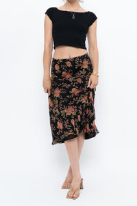 Vintage x Black, Coral Floral Silk Midi Skirt (2X-3X)