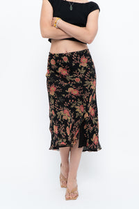 Vintage x Black, Coral Floral Silk Midi Skirt (2X-3X)
