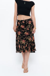 Vintage x Black, Coral Floral Silk Midi Skirt (2X-3X)