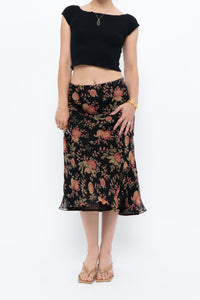 Vintage x Black, Coral Floral Silk Midi Skirt (2X-3X)