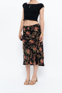 Vintage x Black, Coral Floral Silk Midi Skirt (2X-3X)