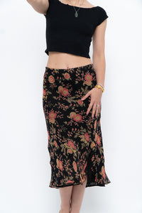 Vintage x Black, Coral Floral Silk Midi Skirt (2X-3X)