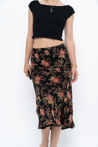 Vintage x Black, Coral Floral Silk Midi Skirt (2X-3X)