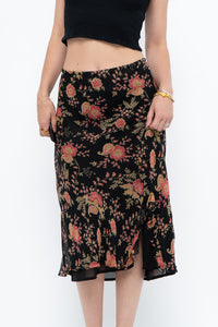 Vintage x Black, Coral Floral Silk Midi Skirt (2X-3X)