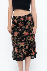 Vintage x Black, Coral Floral Silk Midi Skirt (2X-3X)