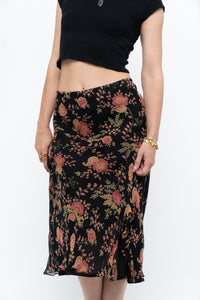 Vintage x Black, Coral Floral Silk Midi Skirt (2X-3X)