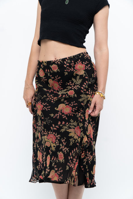 Vintage x Black, Coral Floral Silk Midi Skirt (2X-3X)