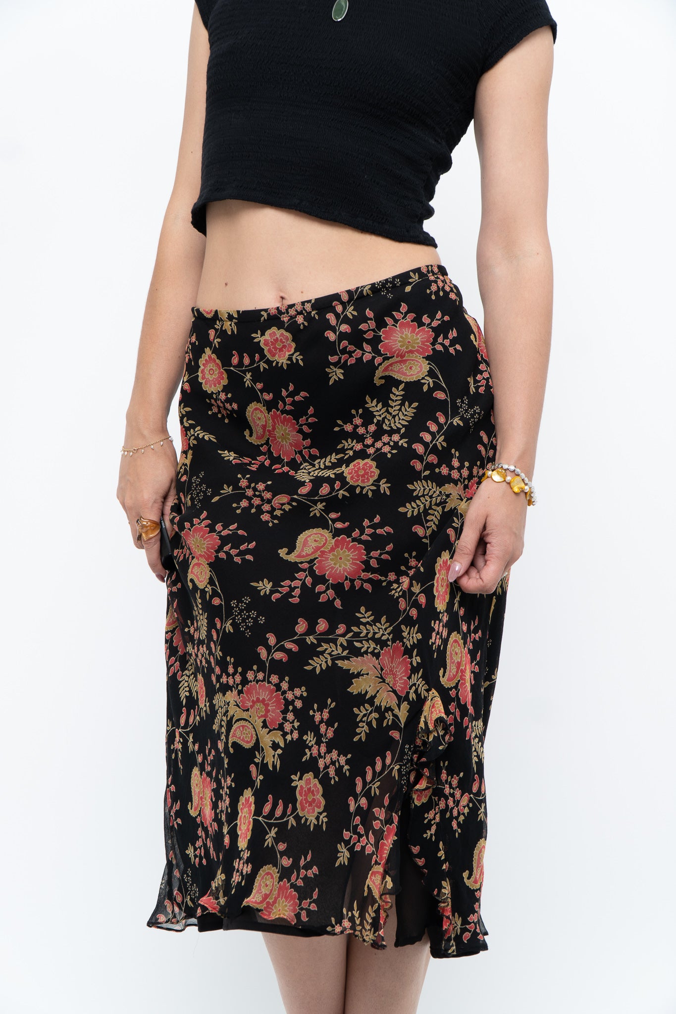 Vintage x Black, Coral Floral Silk Midi Skirt (2X-3X)