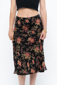 Vintage x Black, Coral Floral Silk Midi Skirt (2X-3X)