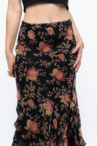 Vintage x Black, Coral Floral Silk Midi Skirt (2X-3X)