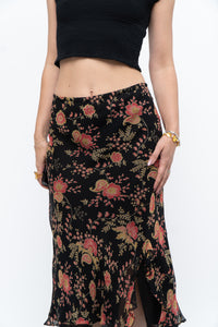 Vintage x Black, Coral Floral Silk Midi Skirt (2X-3X)