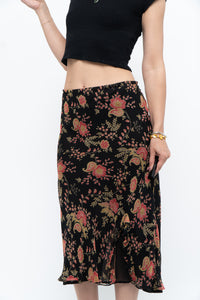 Vintage x Black, Coral Floral Silk Midi Skirt (2X-3X)