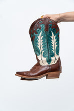 Load image into Gallery viewer, Vintage x Made in Mexico x STESTON Handmade Teal, Brown Leather Cowboy Boots (7W)
