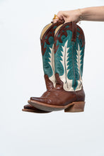 Load image into Gallery viewer, Vintage x Made in Mexico x STESTON Handmade Teal, Brown Leather Cowboy Boots (7W)