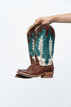 Load image into Gallery viewer, Vintage x Made in Mexico x STESTON Handmade Teal, Brown Leather Cowboy Boots (7W)
