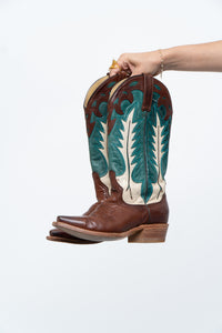 Vintage x Made in Mexico x STESTON Handmade Teal, Brown Leather Cowboy Boots (7W)