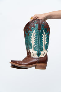 Vintage x Made in Mexico x STESTON Handmade Teal, Brown Leather Cowboy Boots (7W)