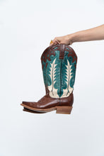 Load image into Gallery viewer, Vintage x Made in Mexico x STESTON Handmade Teal, Brown Leather Cowboy Boots (7W)