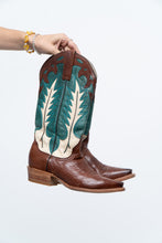Load image into Gallery viewer, Vintage x Made in Mexico x STESTON Handmade Teal, Brown Leather Cowboy Boots (7W)