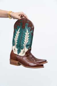 Vintage x Made in Mexico x STESTON Handmade Teal, Brown Leather Cowboy Boots (7W)