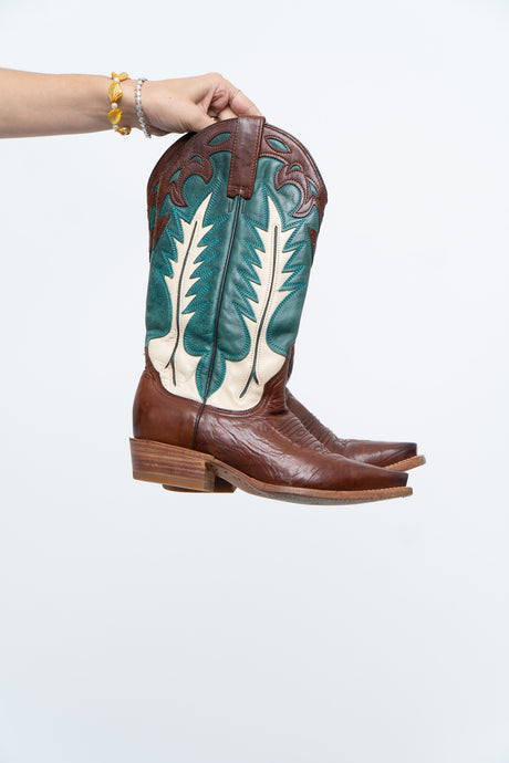 Vintage x Made in Mexico x STESTON Handmade Teal, Brown Leather Cowboy Boots (7W)