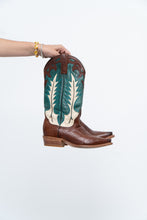 Load image into Gallery viewer, Vintage x Made in Mexico x STESTON Handmade Teal, Brown Leather Cowboy Boots (7W)
