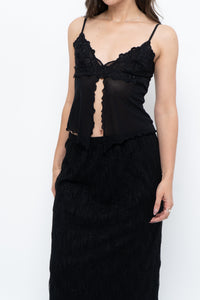 Vintage x Black Mesh Embroidered Open Cropped Tank (XS, S)